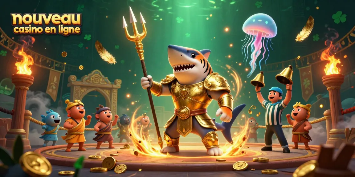 Illustration dynamique d'un requin tigre en armure avec trident dans un nouveau casino en ligne, avec des poissons à toges.
