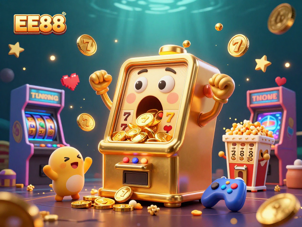 EE88 slots gameplay showcasing a joyful golden slot machine winning a jackpot surrounded by dynamic arcade elements.
