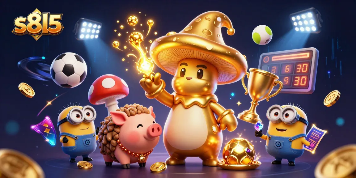 Engage with s8l5 through a vibrant scene featuring a golden mushroom wizard and dynamic sports elements.