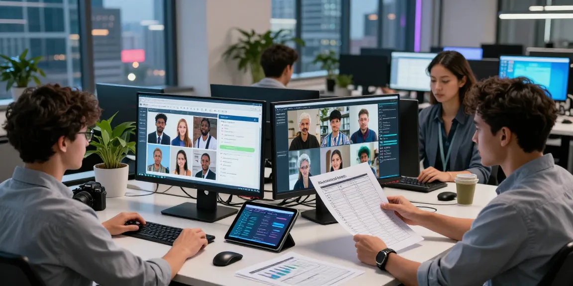 Content moderation team utilizing an ai detector in a modern tech office.