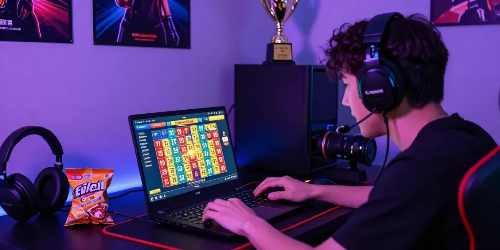 Gamer terlibat dalam permainan lotere online ceritoto situs toto dengan antusiasme, dikelilingi oleh aksesori gaming dan suasana yang penuh energi.