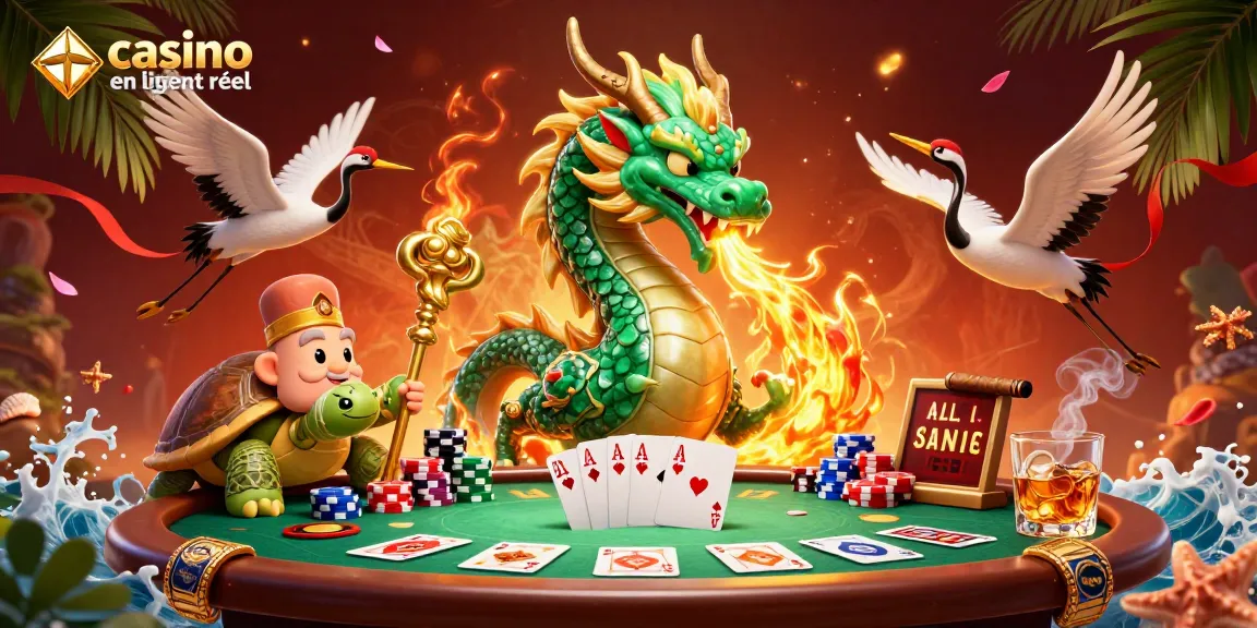 Plongez dans l'univers du casino en ligne argent réel avec un dragon de jade, une tortue sage et des grues porte-bonheur.