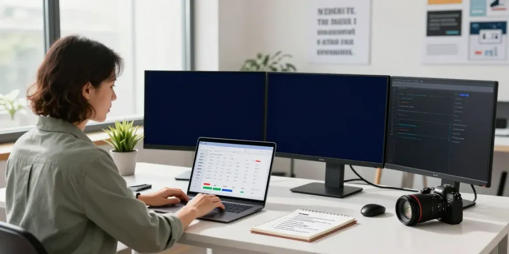 Digital marketer analyzing instant indexing strategies in a modern workspace.