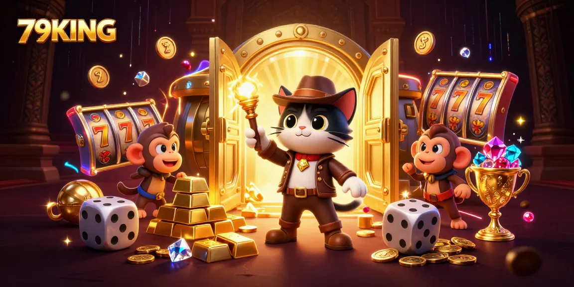 79KING players winning big at a dynamic casino treasure scene featuring slots and golden artifacts.