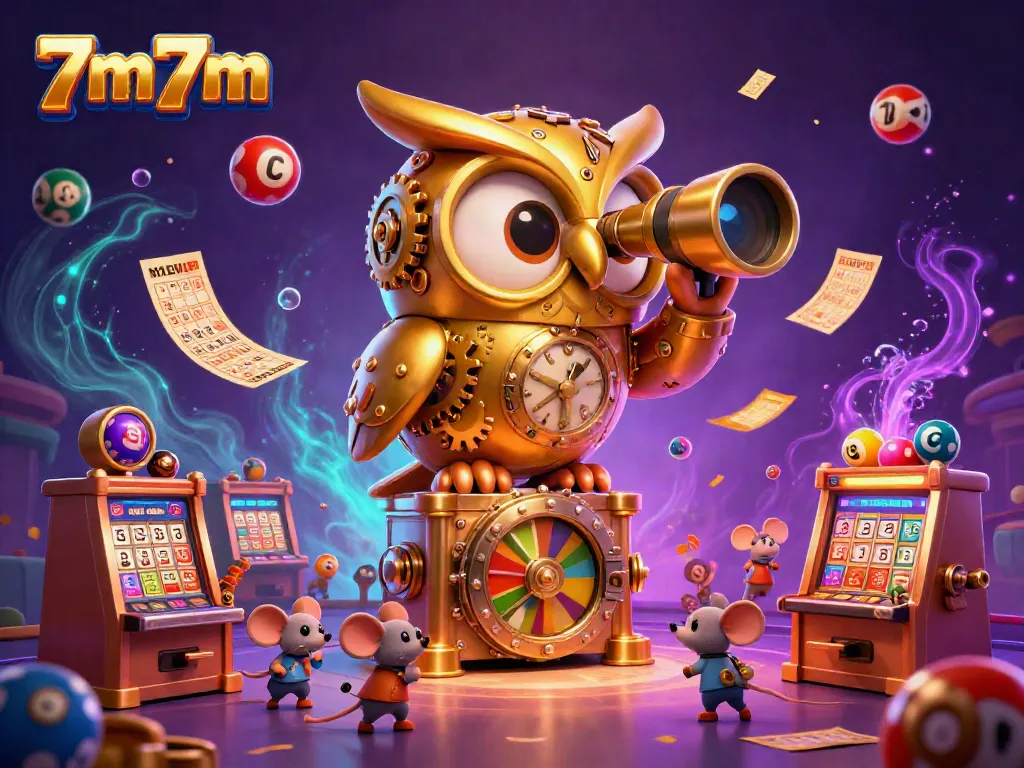 Engage in vibrant gambling action with 7m7m, where a golden owl oversees a bustling casino scene.