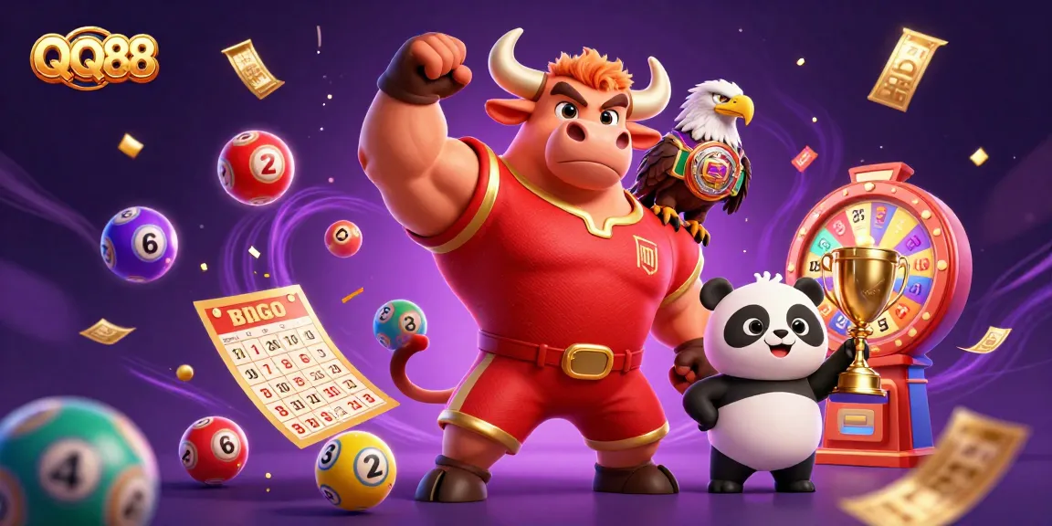Experience the excitement at QQ88 with vibrant gaming elements, including trophies and colorful lottery balls.