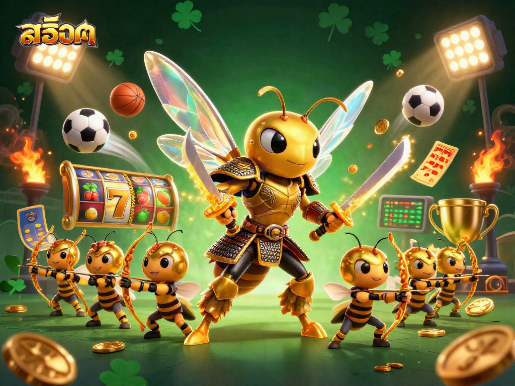 Experience thrilling สล็อต action with a golden hornet and bee archers in a casino-themed 3D illustration.