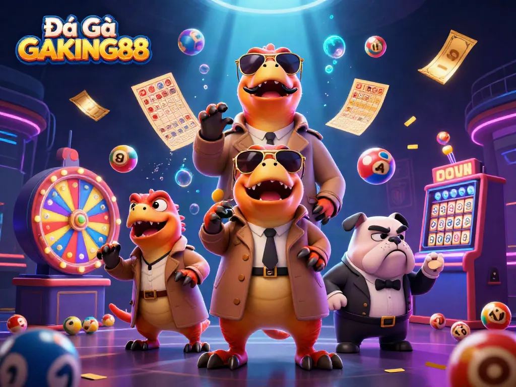 Bet on Đá Gà GAKING88 with an entertaining raptor scene in a lively casino.