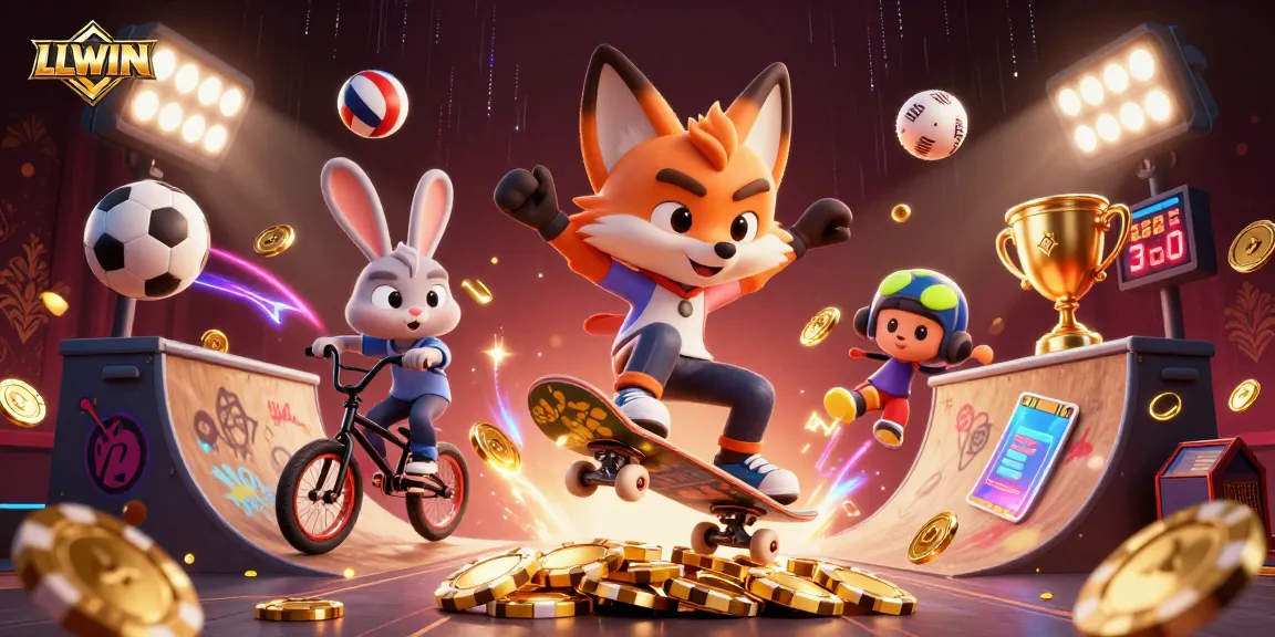 LLWIN platform showcases thrilling gaming moments, featuring a skateboarder fox and BMX rabbit with casino elements.