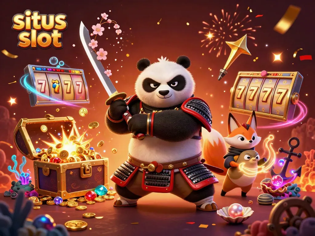 Engaging illustration featuring a samurai panda and ninja fox representing situs slot gaming action amidst vibrant casino elements.