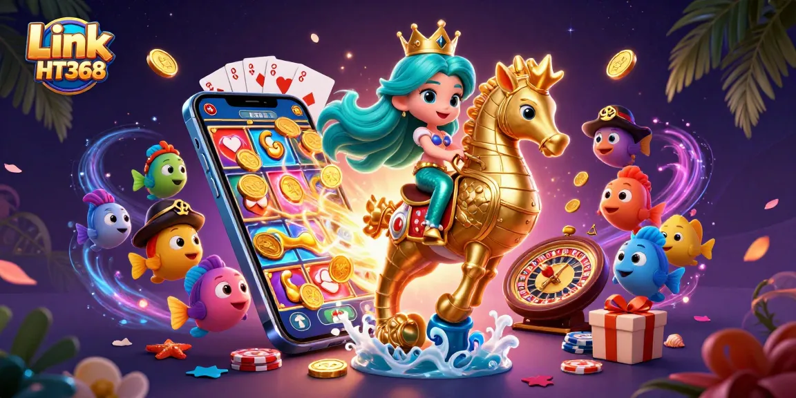 Engage with Link HT368's vibrant casino scene featuring a mermaid princess, golden seahorse, and colorful game elements.