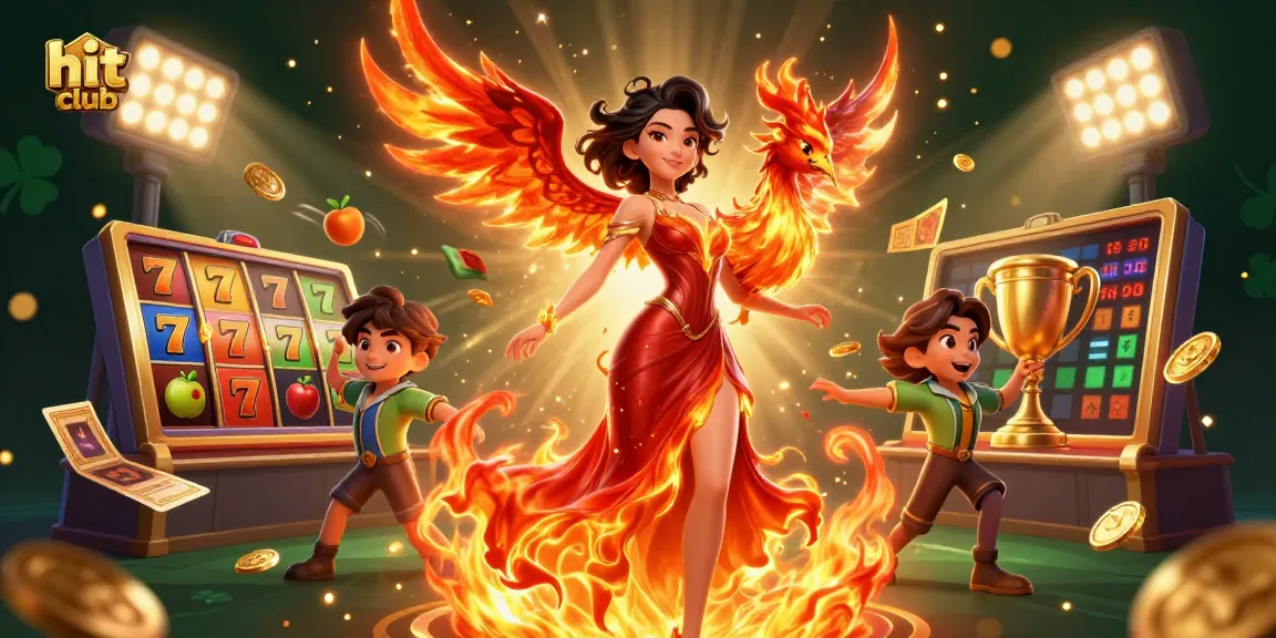 Hit club offers thrilling casino excitement with stunning graphics of slot reels and a fiery phoenix.