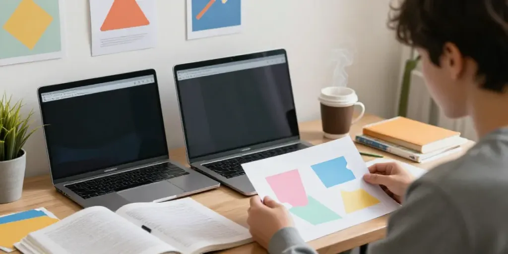 Diverse student exploring diploma replacements online, laptop with colorful templates, cozy study atmosphere.