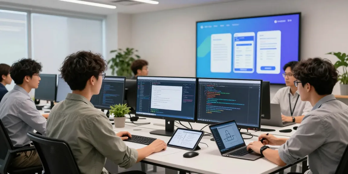 Dynamic technology workspace focusing on professionals collaborating on the 纸飞机中文版 app.