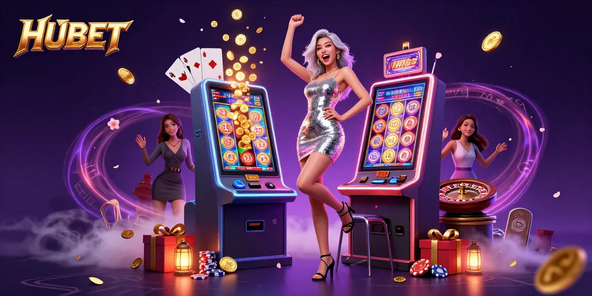 Experience the excitement of HUBET with a gorgeous woman celebrating a jackpot amidst vibrant casino elements.