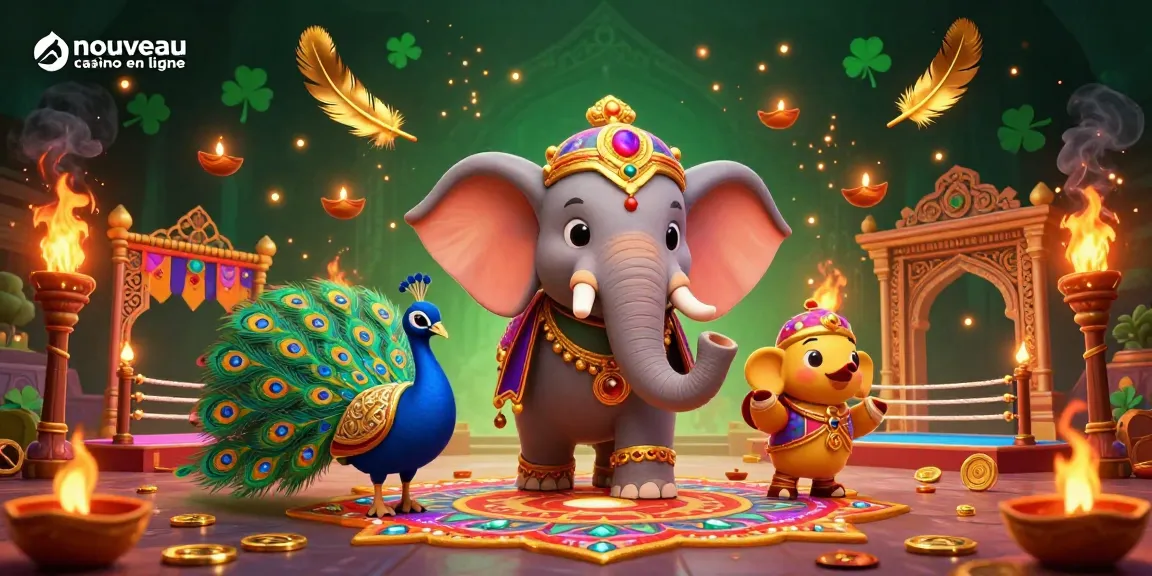 Vivez l'expérience du nouveau casino en ligne avec cette illustration riche et dynamique, mettant en scène un éléphant décoré et un paon.