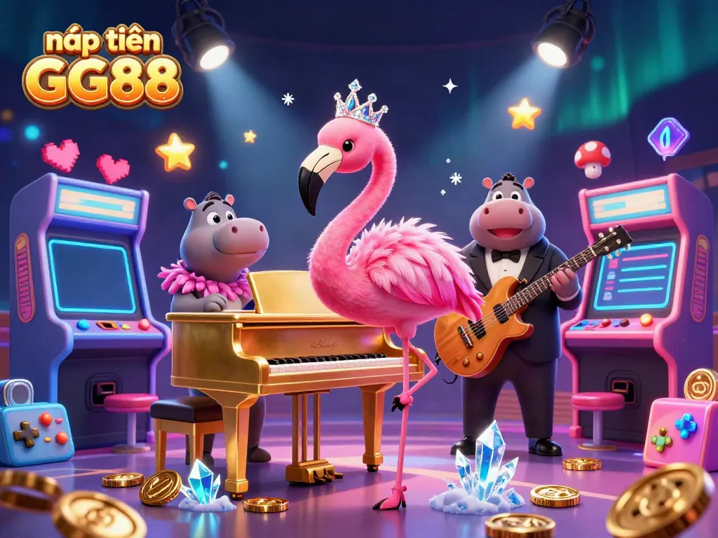 nạp tiền GG88 illustration featuring a flamboyant flamingo singer at a casino scene with vibrant arcade elements.