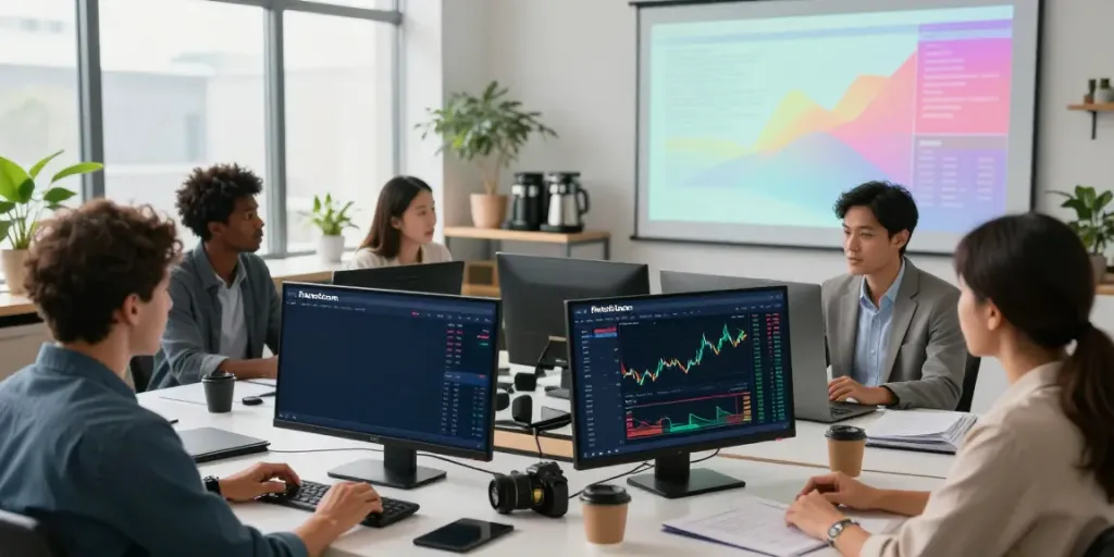 Collaborative team studying FintechZoom.com data analytics in a modern office setting