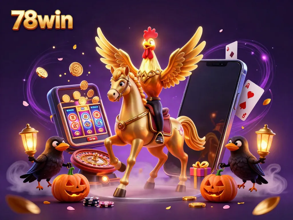Immerse in the vibrant world of 78win with a golden rooster and spectral horse in a magical casino.