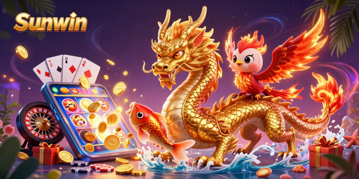 Experience thrilling gaming action on Sunwin with a vibrant scene of a dragon, phoenix, and coins in motion.