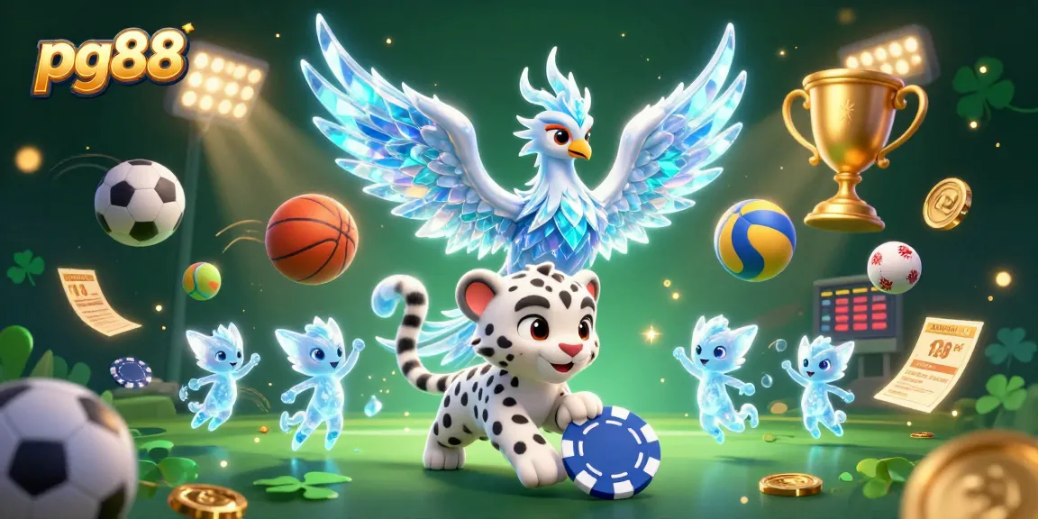 Engage with pg88's immersive gaming worlds featuring an ice phoenix, sports elements, and vibrant colors.