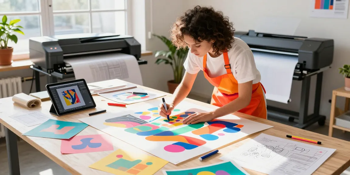 Artistic workspace featuring poster making machines with vibrant designs.