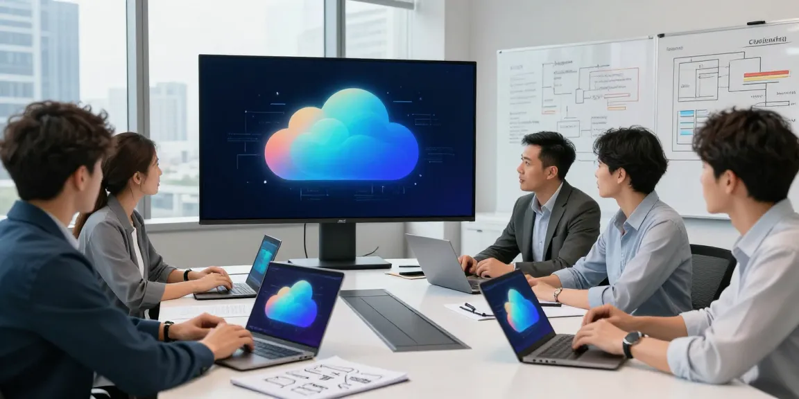 Team collaborating on azure managed services in a modern office with cloud performance dashboards.