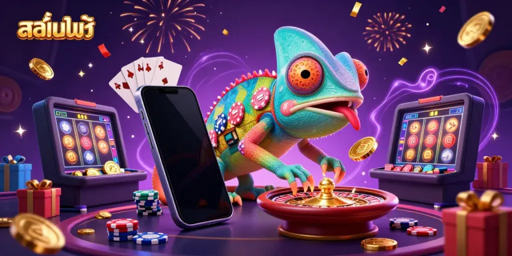 Engage with สล็อตออนไลน์ featuring a vibrant chameleon casino owner surrounded by dynamic gaming elements.