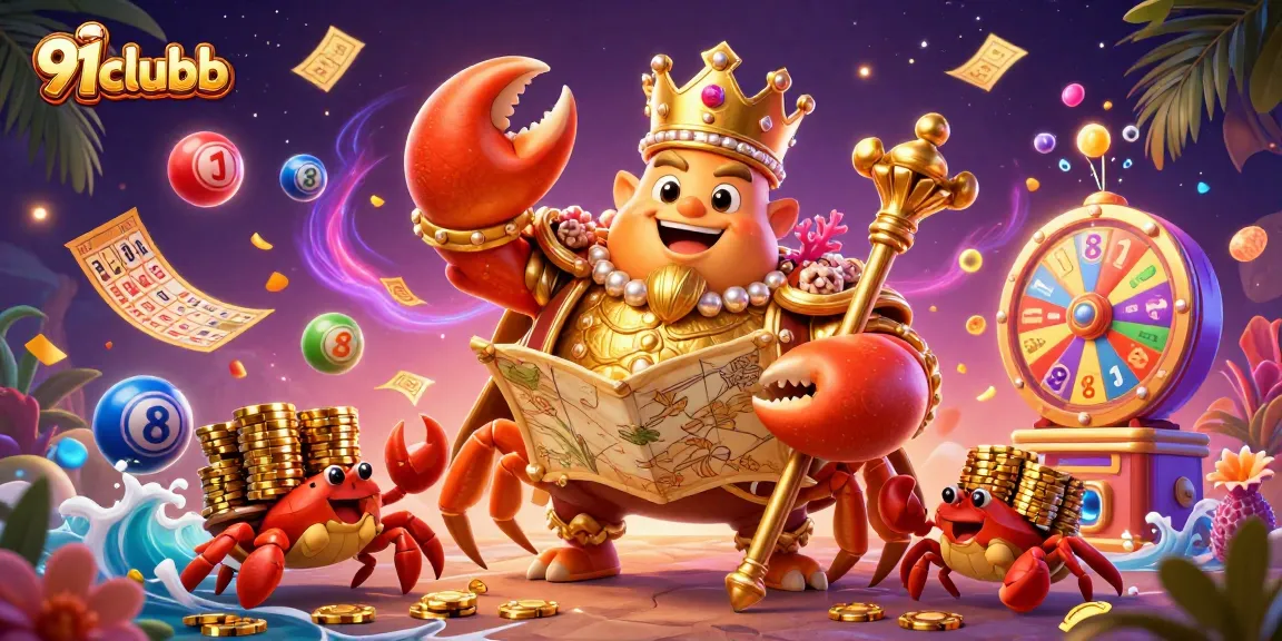 Play exciting games with the 91clubb, featuring a golden crab emperor surrounded by vibrant lottery elements.