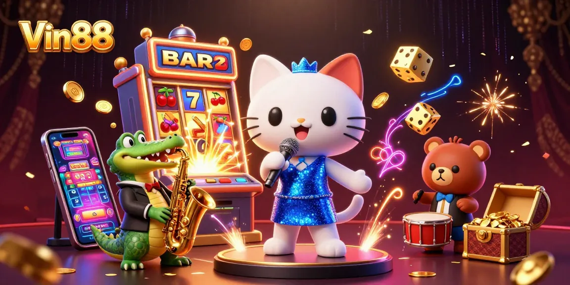 Experience Vin88 excitement with a vibrant 3D casino illustration featuring unique characters and thrilling game elements.