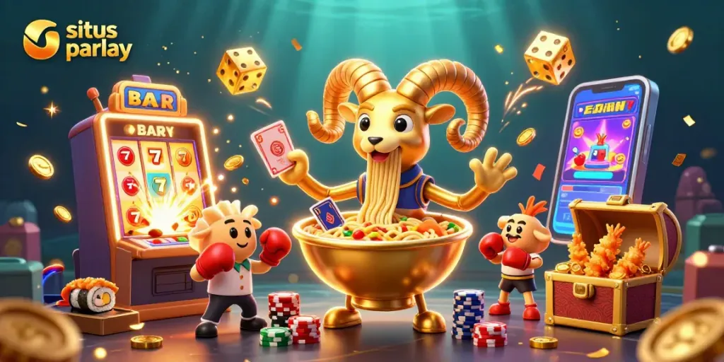 Engage with situs parlay in this lively casino scene featuring a dynamic giant ramen bowl and cheerful casino characters.