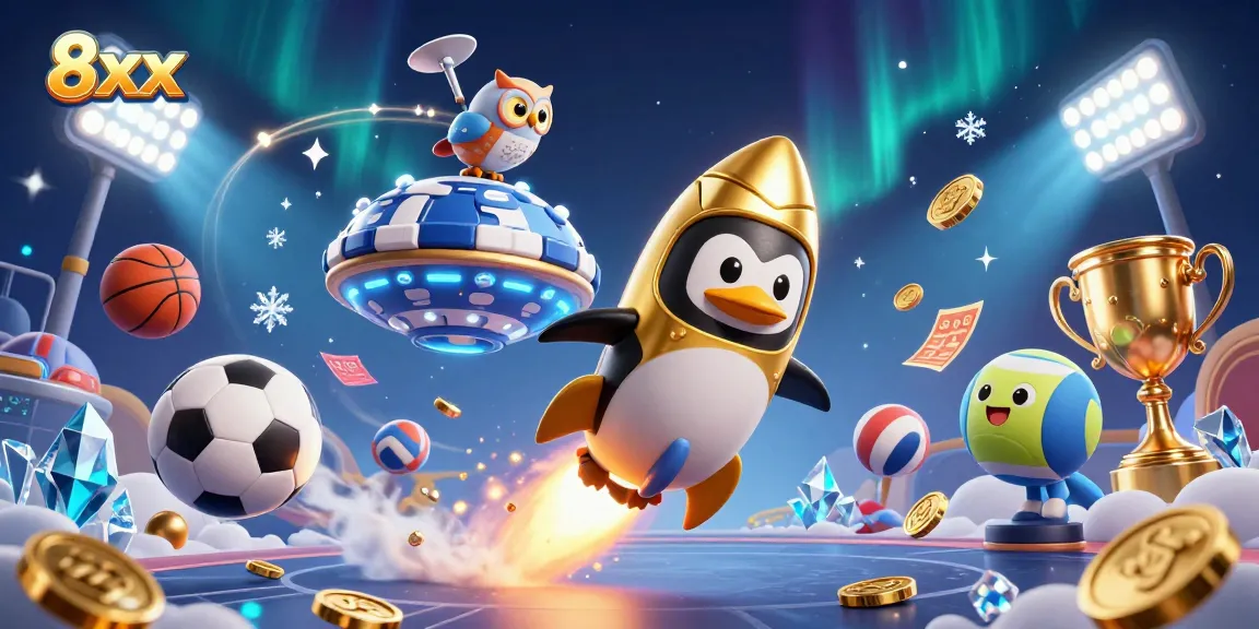 Bet on exciting games at 8xx as a 3D penguin launches toward a casino in space.