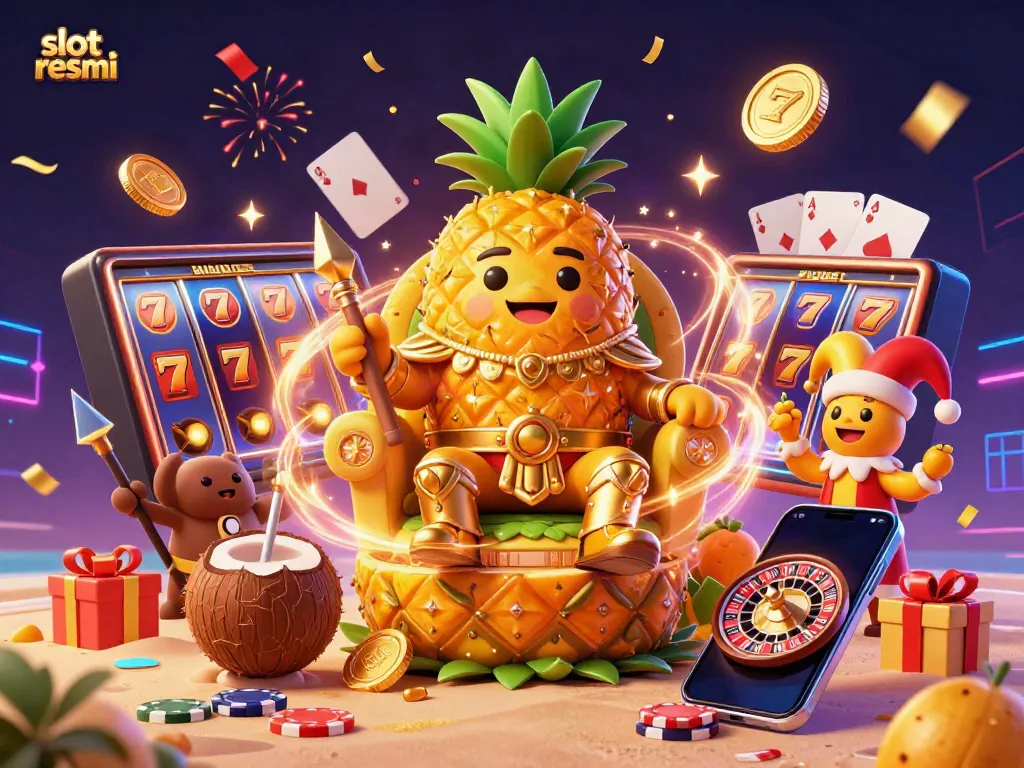 Experience slot resmi with the vibrant golden pineapple king in an engaging beach casino scene.