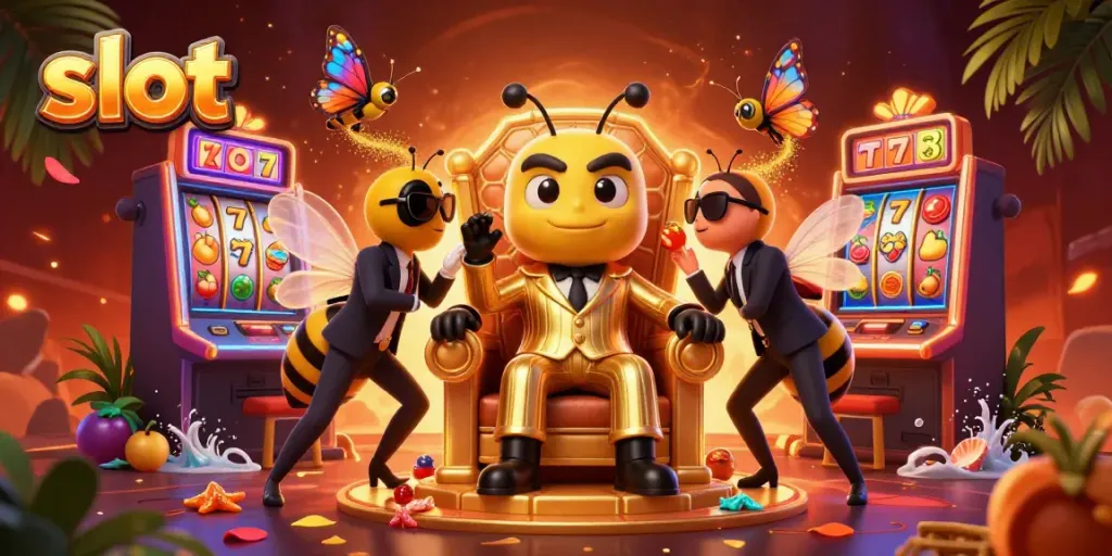 Spin the slot reels in an engaging casino scene with a cartoon mob boss and vibrant gaming elements.