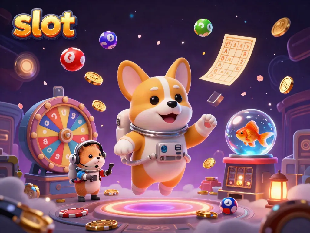Engage with dynamic slot gaming action as colorful elements and characters float in a lively casino scene.