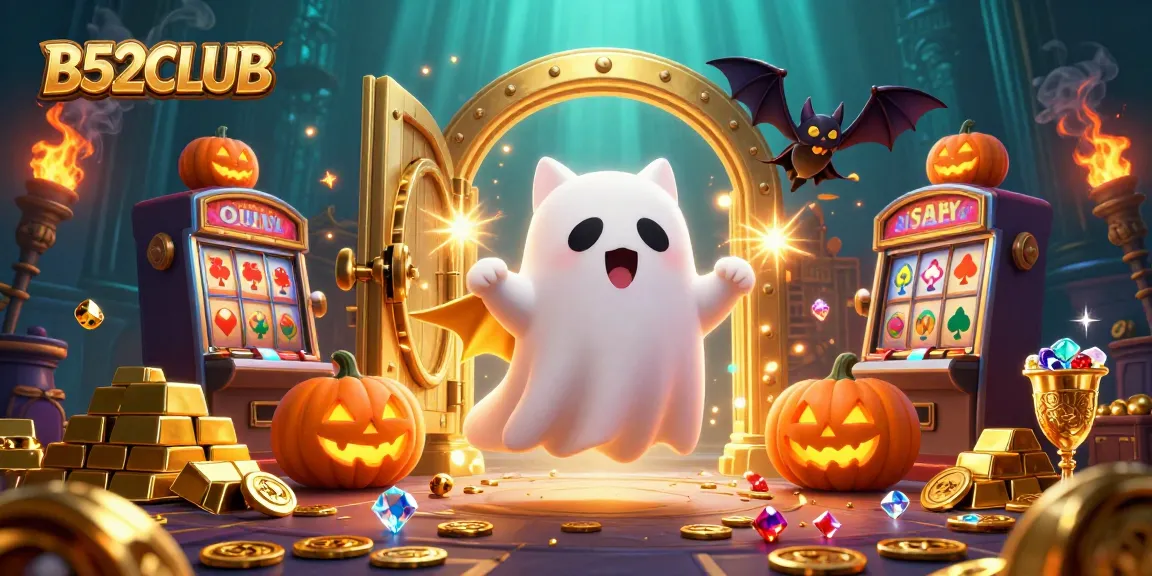 Experience the thrill of B52CLUB with a playful ghost cat, treasures, and gaming fun!