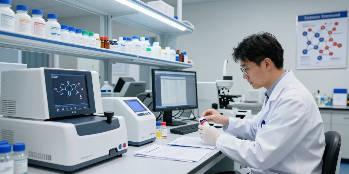 Scientist analyzing SwissChems peptides in a high-tech lab.