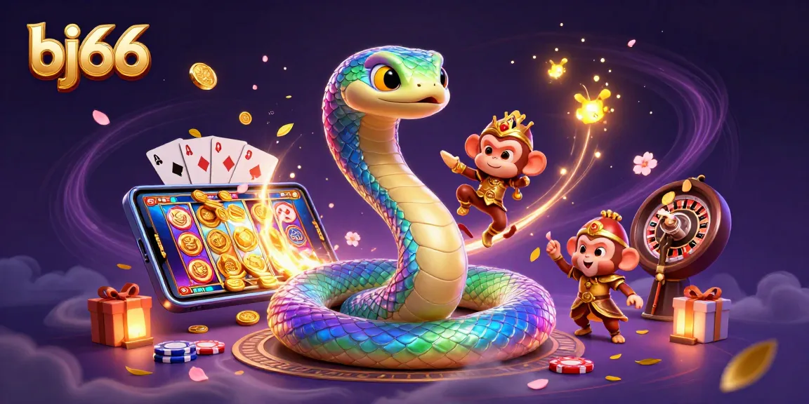 Engage with high-stakes action on bj66, showcasing a vibrant gaming scene featuring a rainbow serpent and a playful monkey king.