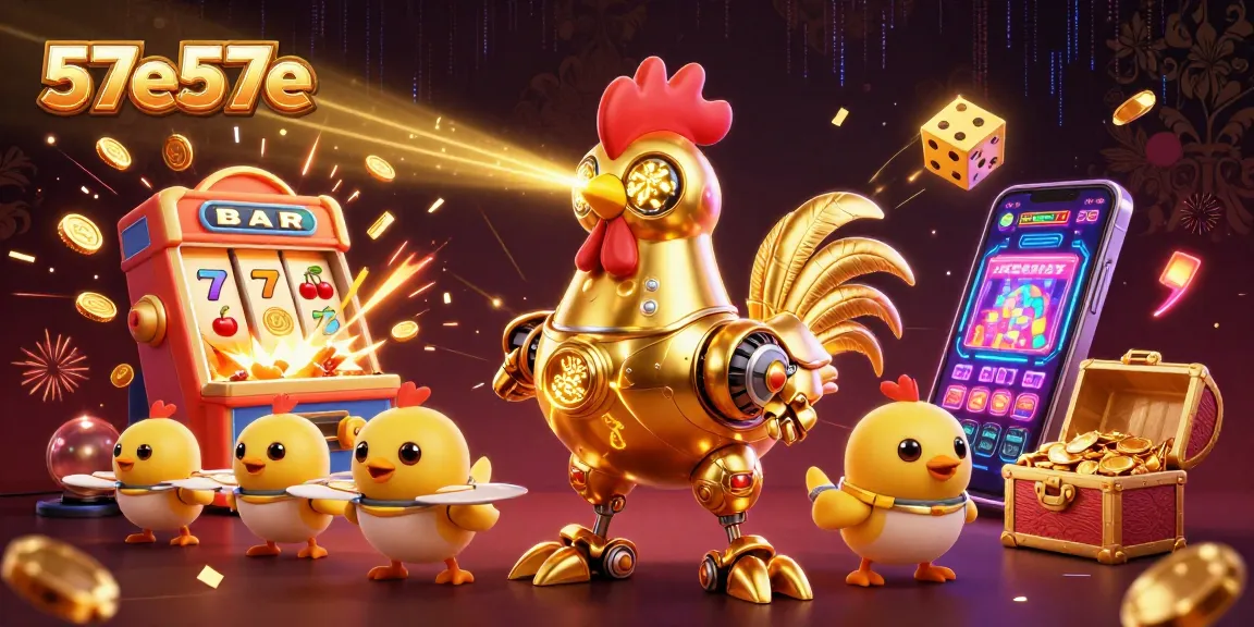 57e57e em ilustração 3D vibrante mostrando um robô galo dourado e uma explosão de jackpots de cassino.