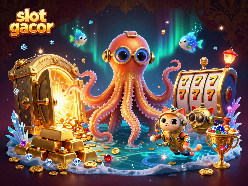 Experience slot gacor's magic with a kraken, diving cat, and treasures in a lavish casino scene.