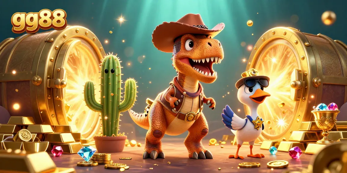 Experience thrilling gameplay at gg88 with our animated cowboy dinosaur, treasure vault, and gems!