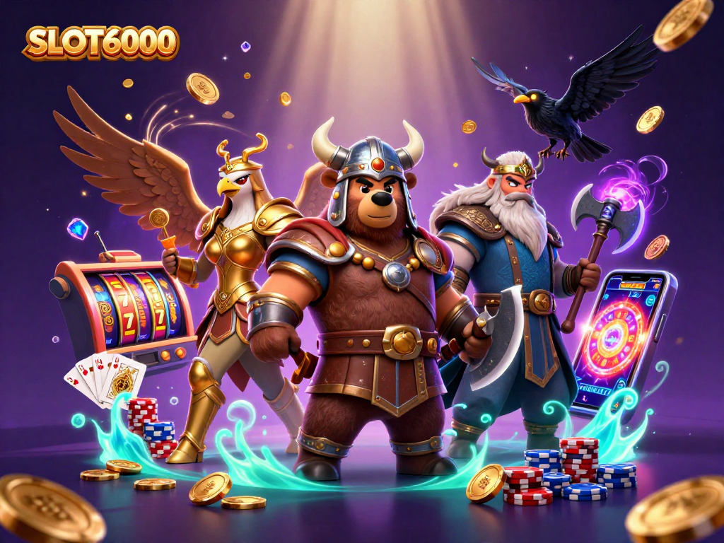 Join the adventure at SLOT6000 with a dynamic illustration of gaming excitement and community.