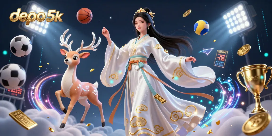 Experience the exhilarating world of sports betting with depo 5k, featuring dynamic balls and an ethereal lady.