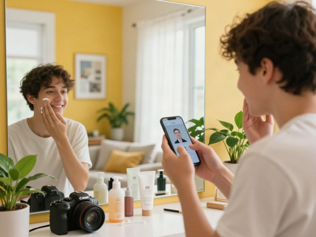 Youthful person checking how old do I look using a mobile app in a bright, inviting home.