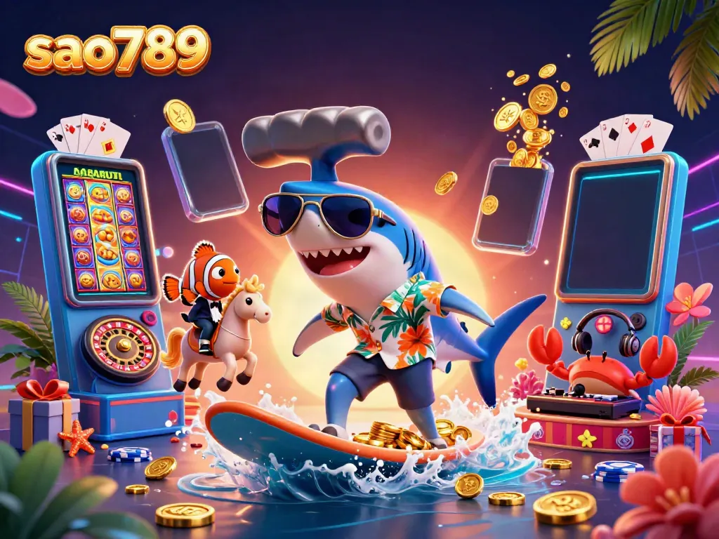 Surf the gold with sao789 in this vibrant cartoon scene of gaming excitement and rewards