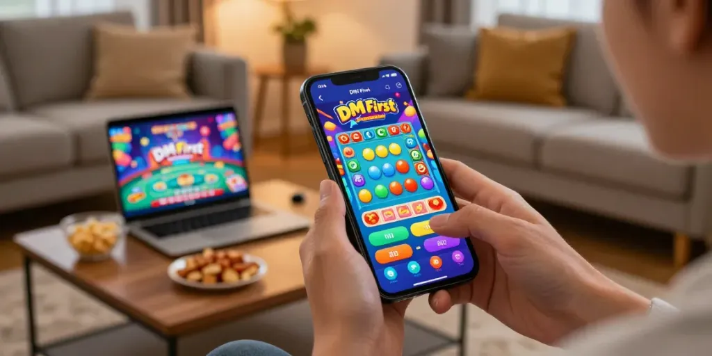 User enjoying the DM First app on a smartphone in a cozy living room, highlighting fun mini-games.