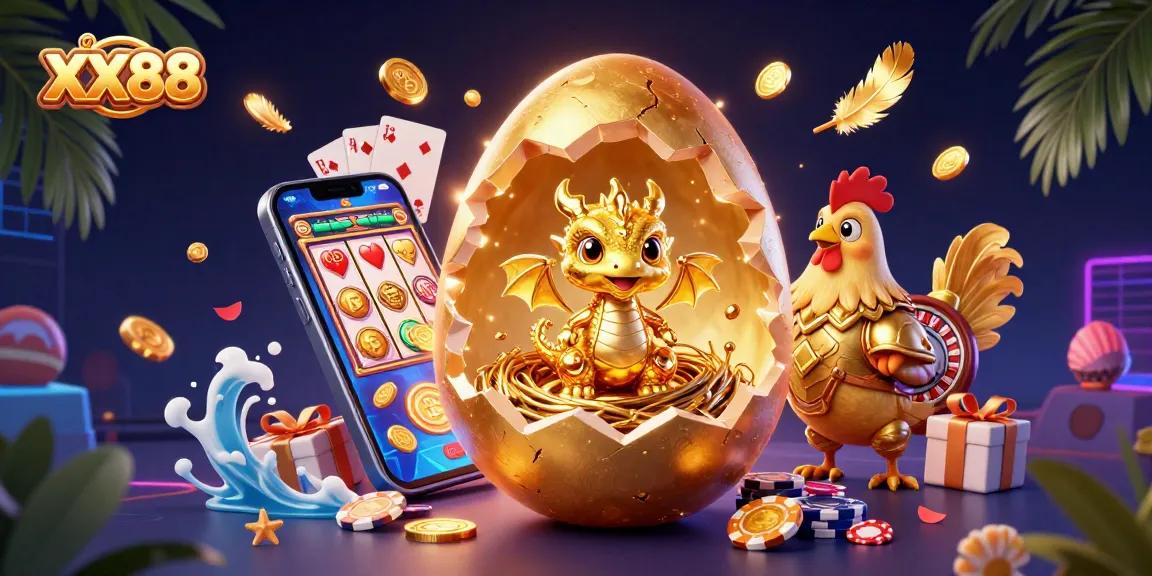 Engage with XX88's thrilling gaming scene featuring a golden baby dragon and poker chips amidst vibrant casino elements.