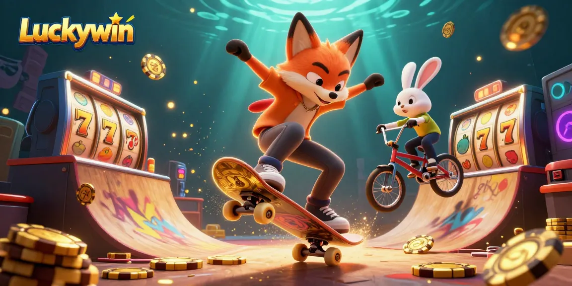 Engage with Luckywin's vibrant 3D scene featuring a skateboarder fox over golden poker chips amid exciting slot machine elements.