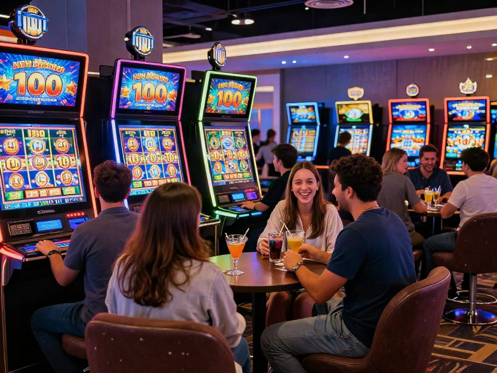 Casino gaming scene highlighting slot bonus new member 100 promotions, with players celebrating wins.