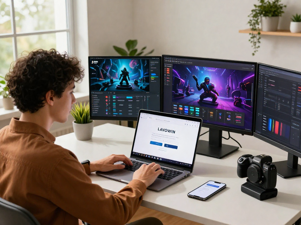 Efficient user accessing LAVOWIN login on modern laptop in a bright workspace.